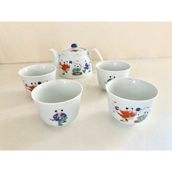 Chinese Tea Set White Porcelain Ceramic 5 PC Clowns Musicians Unique - Picture 1 of 8